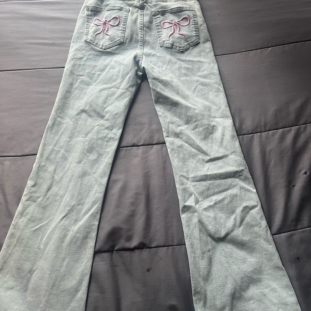 Light Blue Flare Wide Leg Jeans with Decorative Stitching
